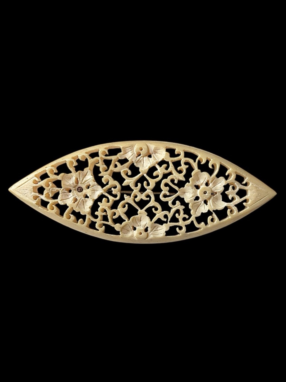 Antique Hand Carved C-Clasp Floral Flower Bovine Bone Brooch